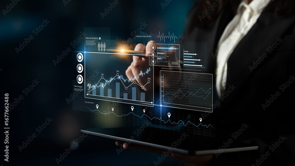 Poster high-tech data visualization dashboard for analytics and performance tracking, including data visual