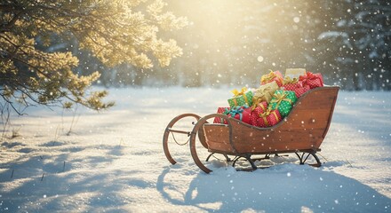 Christmas sleigh filled with presents in snowy forest