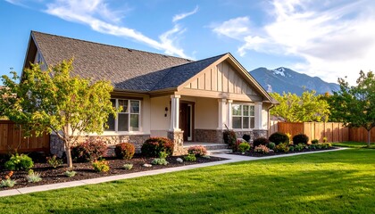 A charming, light-beige home with a covered porch, well-maintained landscaping, and a backdrop of mountains, sits peacefully on a grassy lawn under a partly cloudy sky.