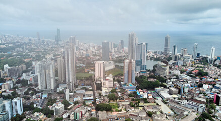 Fototapeta premium Aerial view of the main attraction, the Lotus Tower in the capital of Sri Lanka, Colombo. 
