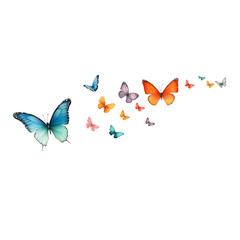 a group of colorful butterflies flying in the air, against a transparent background