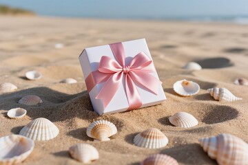 A gift box on the beach, adorned with a pink bow, surrounded by seashells, evoking joy and happiness