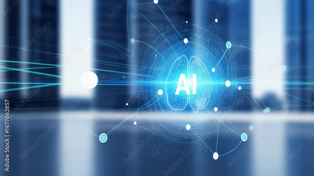 Poster artificial intelligence brain learning network animation. ai digital technology with glowing neural 