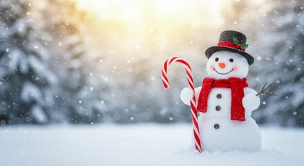 Fototapeta premium Cute snowman holding candy cane in snowy winter scene