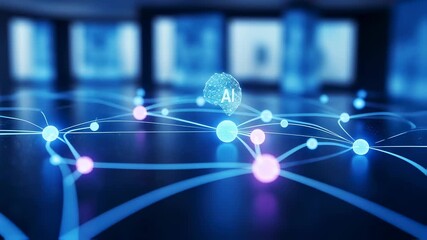 Artificial intelligence brain icon connecting to nodes on a network, representing digital data processing and computer technology footage. - Powered by Adobe