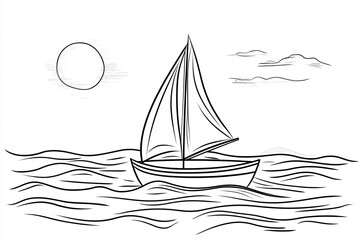 Outline of a sailboat on the water with simple waves, no color, simple drawing for kids. Children’s Coloring Pages, Isolated on White Background