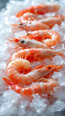Fresh Shrimp on Ice. Seafood Delicacy Closeup. Raw Shrimps for Cooking