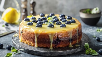 Blueberry Lemon Cake with Drizzle Garnish Fresh Ingredients