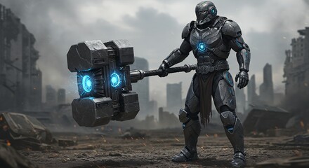 Futuristic warrior with hammer in ruined cityscape