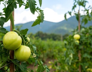 Fototapeta premium Green tomatoes on vine, mountains in background