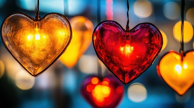 Colorful Heart-Shaped Lanterns Hanging Against a Blurry Background