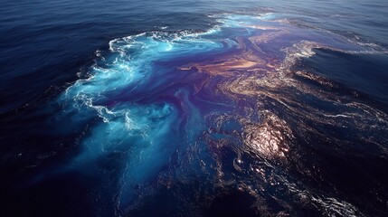 Oil spills in the ocean with dark slicks damaging wildlife and coasts, perfect for environmental disaster, pollution, and cleanup themes