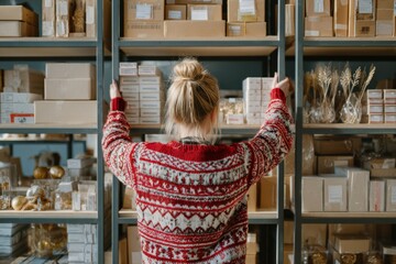 minimalist photo of woman in Christmas sweater dusting shelves with boxes of ornaments nearby 