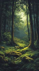 Obraz premium Lush green forest pathway with vibrant light and flowing water surrounded by trees high resolution picture.