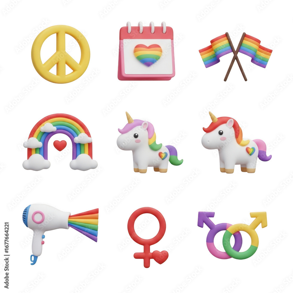 Poster 3d set of pride symbols and unicorns isolated on transparent background