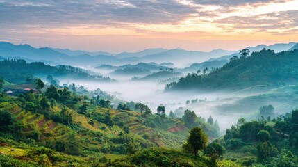 Soft mist blankets the valleys as sunlight breaks through, illuminating rolling hills and lush greenery. The tranquil beauty of the landscape invites peaceful reflection at dawn.