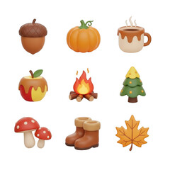 3d autumn harvest icons set isolated on transparent background
