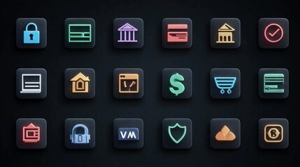 Online banking icons with secure login, transfer, and transaction visuals, ideal for financial apps, websites, and UI development