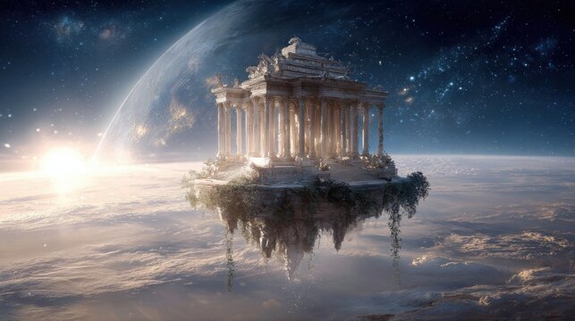 A magnificent temple hovers in space, surrounded by a celestial scene filled with planets and twinkling stars. The ethereal glow enhances the otherworldly atmosphere.