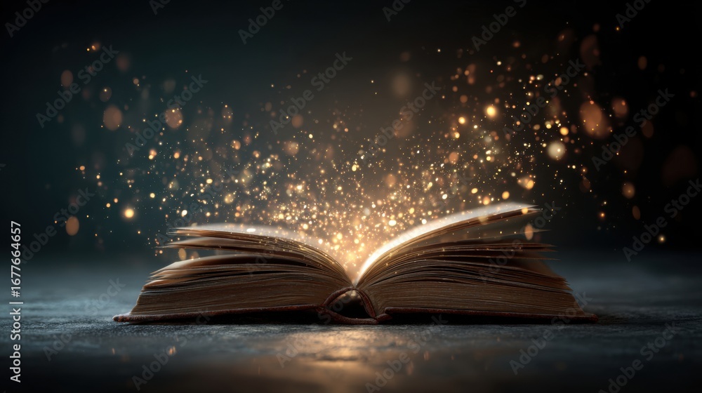 Poster an open book rests on a dark surface, surrounded by glowing particles that create a magical ambiance