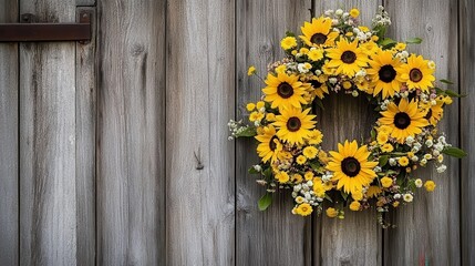 Bright and Cheerful Sunflower Wreath on Rustic Wooden Door