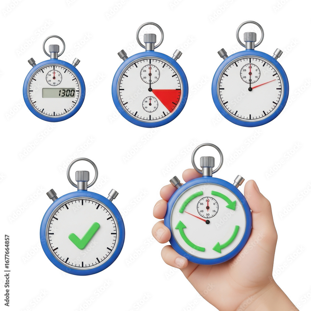 Poster 3d set of chronometers representing time measurement and progress isolated on transparent background