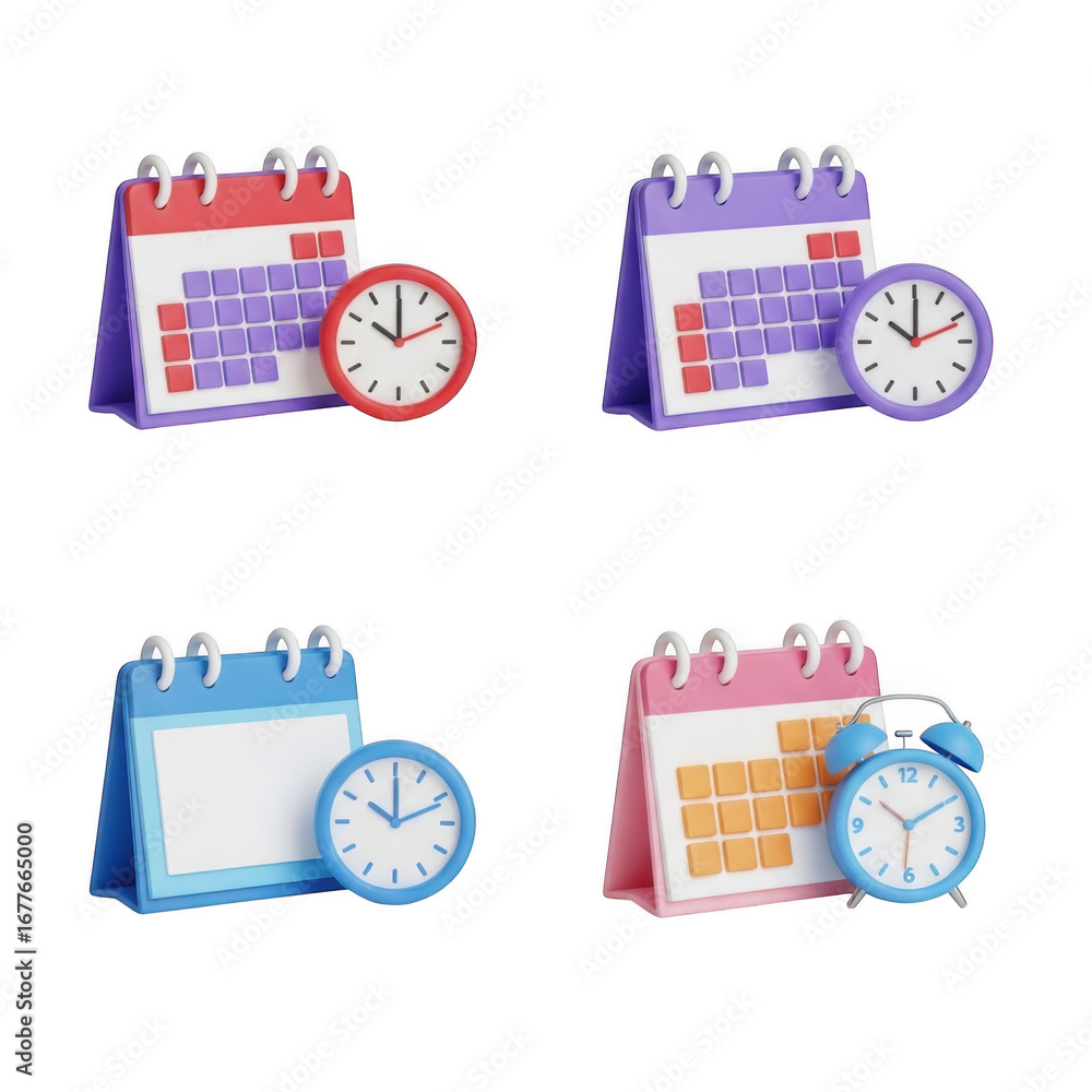 Poster 3d set of calendar and clock icons isolated on transparent background