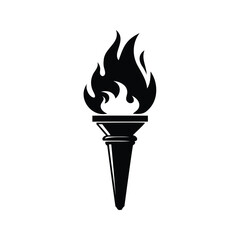 Black and white torch symbol with bright flame for competitive events, torch flame icon silhouette vector illustration