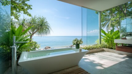 Obraz na płótnie Canvas A modern bathroom with a freestanding tub offers a stunning view of the sea, surrounded by lush tropical plants and large glass windows letting in natural light.
