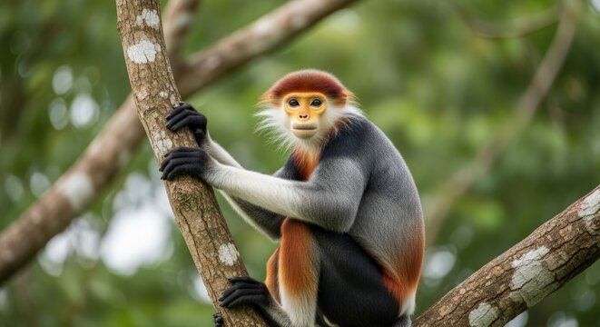 Portrait of a Red-shanked Douc Langur (Pygathrix nemaeus) in its Natural Habitat