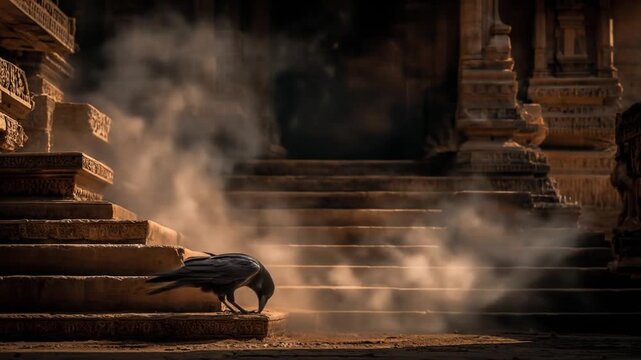 A solitary raven perched on ancient stone steps, shrouded in a mystical haze.
