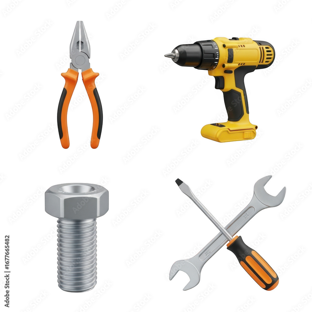 Poster 3d set of construction tools and hardware isolated on transparent background