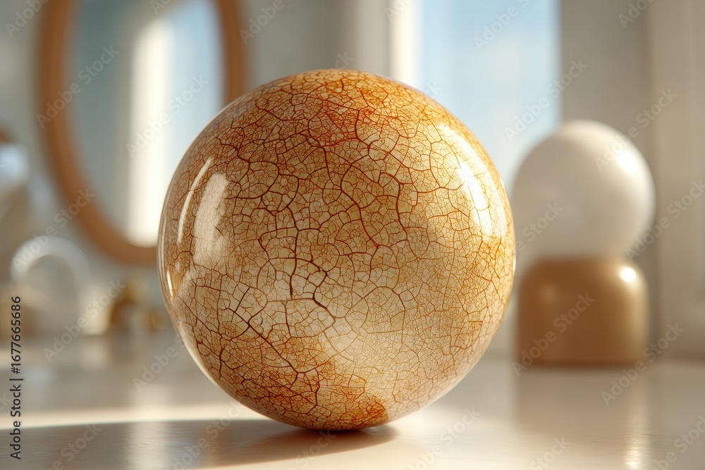 Poster a detailed close-up of a decorative sphere with a unique cracked texture, illuminated by soft light.