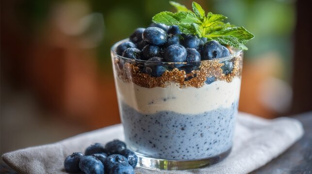 Creamy dessert showcases layers of yogurt and a crunchy topping, crowned with fresh blueberries and a sprig of mint, creating a refreshing treat ideal for warm days.