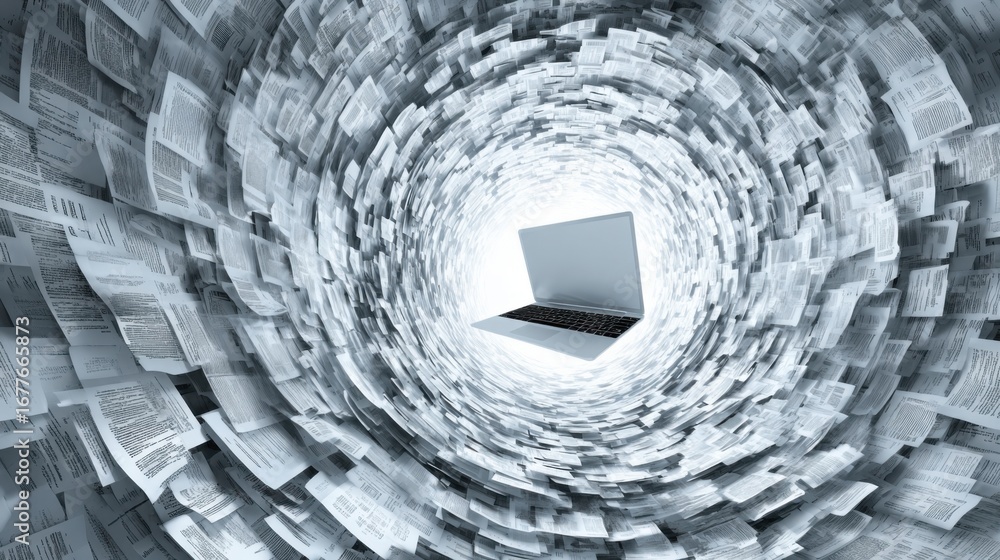 Aufkleber an open laptop floats in a swirling vortex of flying documents, creating a dynamic atmosphere of rap