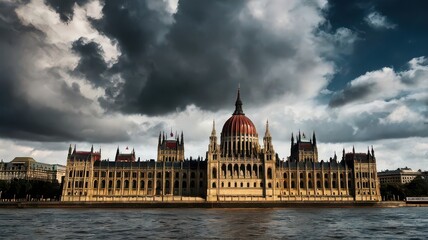 Fototapeta premium Hungarian parliament building in budapest under a dramatic and cloudy sky