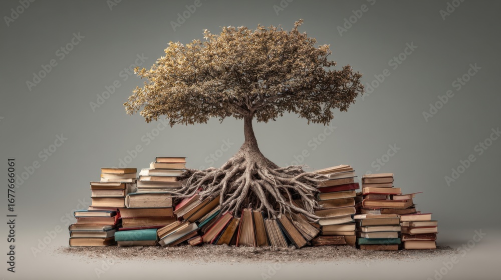 Poster a unique tree stands prominently with its roots intertwined among piles of books, symbolizing the co