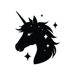 Elegant black unicorn head silhouette with magical stars on a white background, unicorn face with sparkles silhouette vector illustration