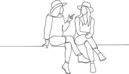 Continuous Line Art Two Women Chatting Outdoors