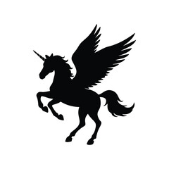 Black silhouette of a majestic unicorn pegasus rearing up on its hind legs, unicorn flying with wings silhouette vector illustration