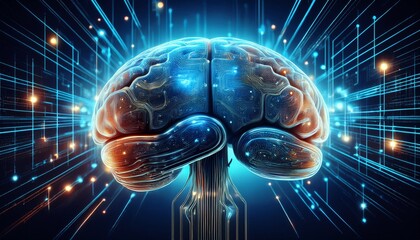 digital representation of an artificial intelligence brain with data overlays