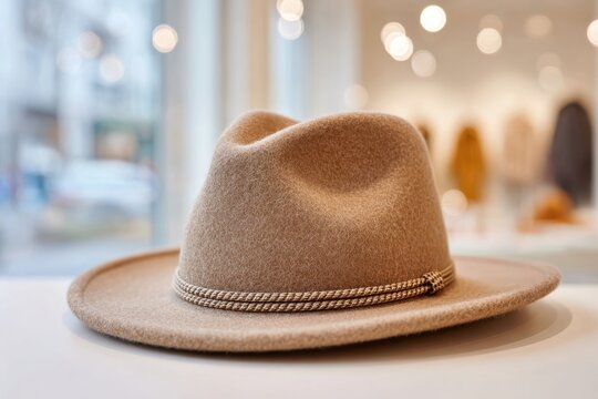 Stylish beige felt fedora hat with subtle rope band, beautifully displayed.