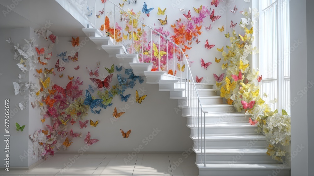 Poster a vibrant array of butterflies in various colors adorns the walls of a contemporary staircase. natur