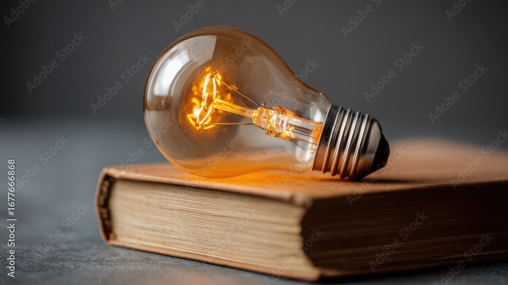 Poster a warm light bulb emits a soft glow while resting on an aged book. this cozy setting captures a blen