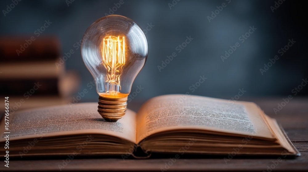 Poster a glowing light bulb stands atop an open book, creating a warm atmosphere in a study space. the back