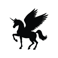 Elegant black silhouette of a winged unicorn with horn raised up high, unicorn with wings spread silhouette vector illustration