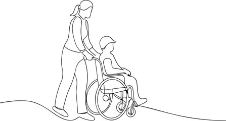 Continuous Line Drawing Woman Pushing Child in Wheelchair