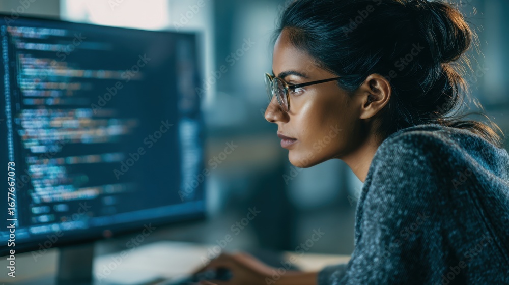 Poster a focused young woman works intently on coding at her desk. she wears glasses and sits in front of a
