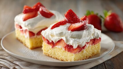 Moist dessert squares feature layers of cream and strawberries, garnished with fresh fruit on top, resting on a light wooden table setting.