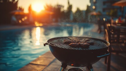 Grilling delicious meat on a barbecue near a shimmering pool as the sun sets, creating a warm and inviting atmosphere for a summer gathering.